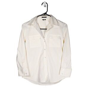 Theory Women's Shirt Button Up White Yellow Striped Stretch Pockets Blouse Top P